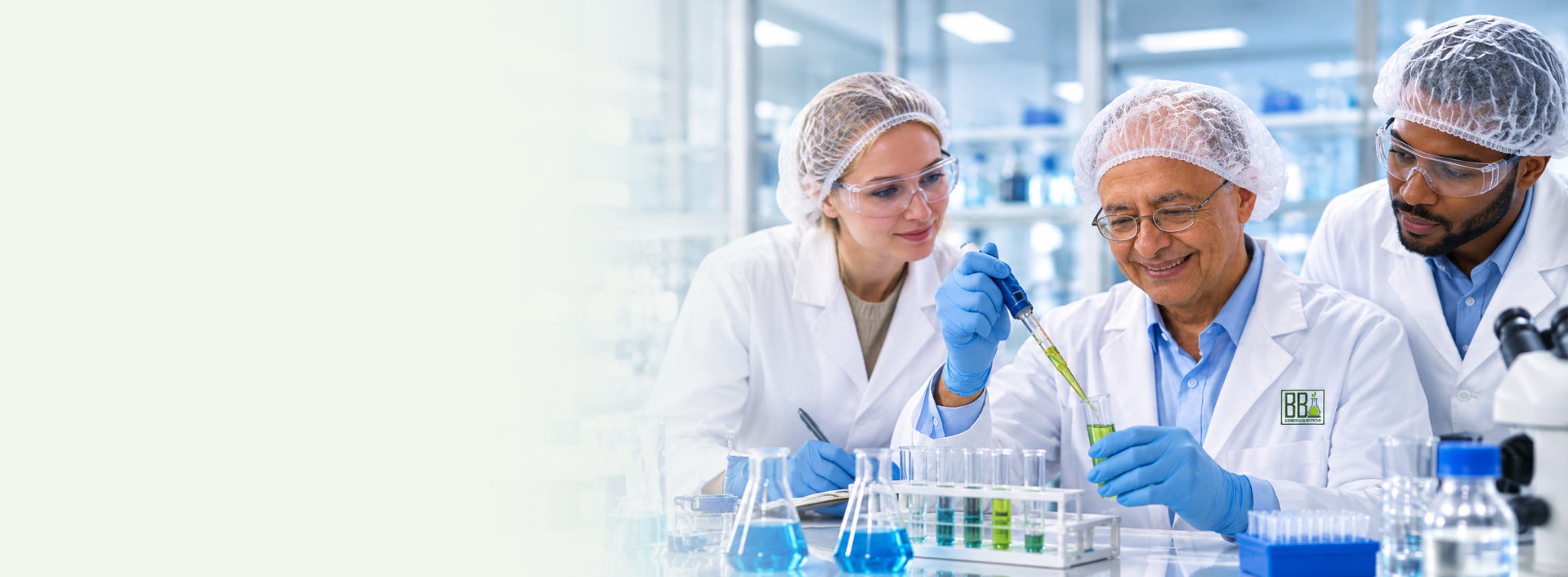 Three researchers collaborating with laboratory glassware